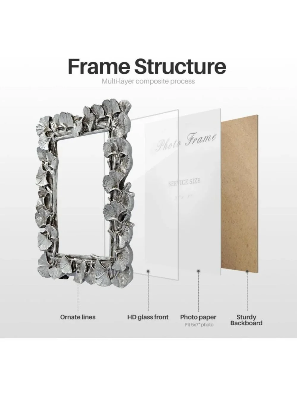 Vintage Silver 5x7 Picture Frame, Ornate Leaf Design, Handcrafted Resin, Retro